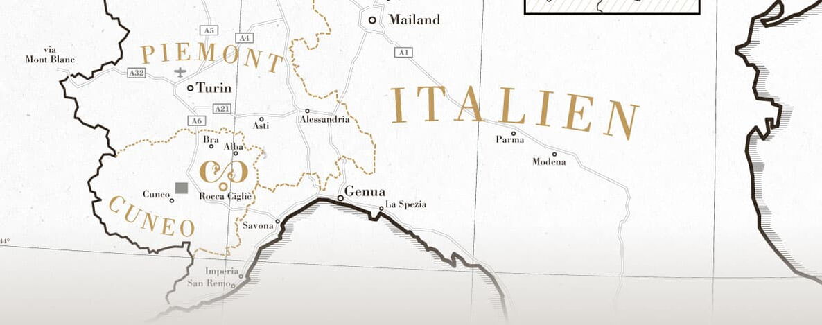 Karte Norditalien mit Piemont und Markierung Cascina Cerea bzw. Rocca Cigliè